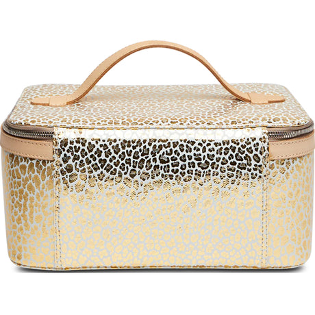Leopard print makeup case with beige handle on a white background