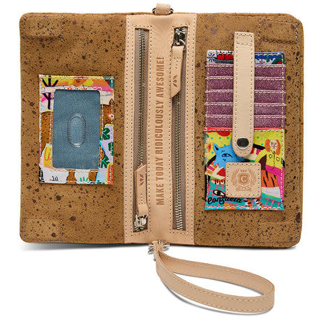 Cork wallet with colorful card holders and a strap on a white background