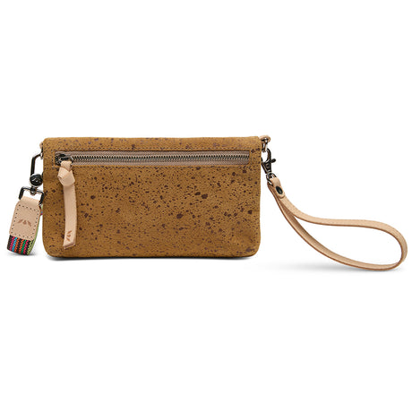 Cork wristlet with a strap on a white background