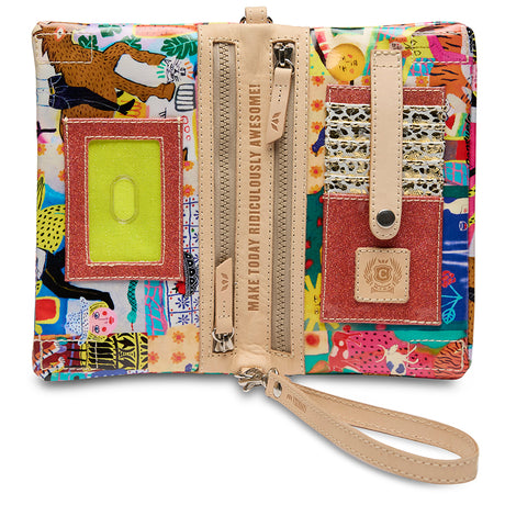 Colorful wallet with a patterned design on a white background