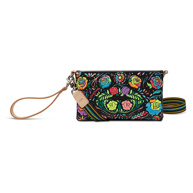 Colorful floral patterned wristlet with strap on a white background