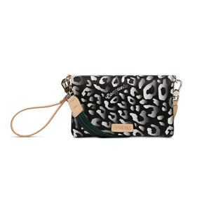 Black and white patterned clutch bag with visible brand name on a white background