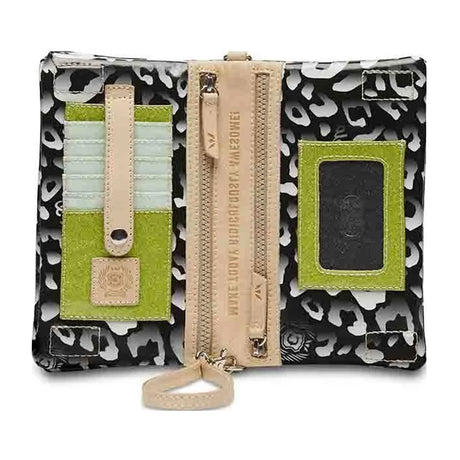 Multifunctional pouch with leopard print pattern, green card holder, and beige zipper on a white background.