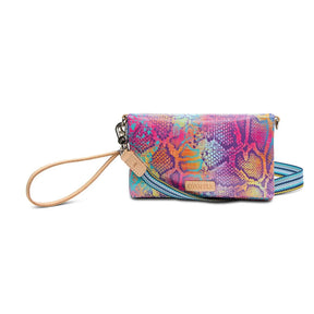 Colorful patterned clutch bag with a strap on a white background