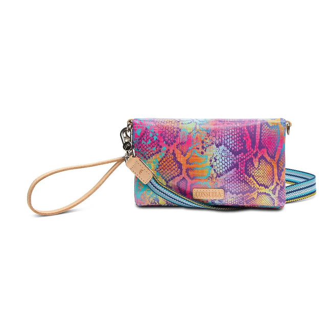 Colorful patterned clutch bag with a strap on a white background