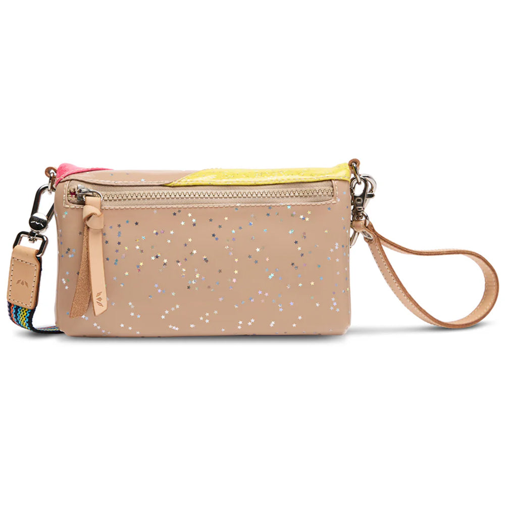 Beige glittery clutch bag with a strap on a white background