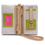 Multicolored wallet with a strap on a white background