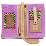 Purple glittery wallet with colorful zebra pattern and beige accents on a white background