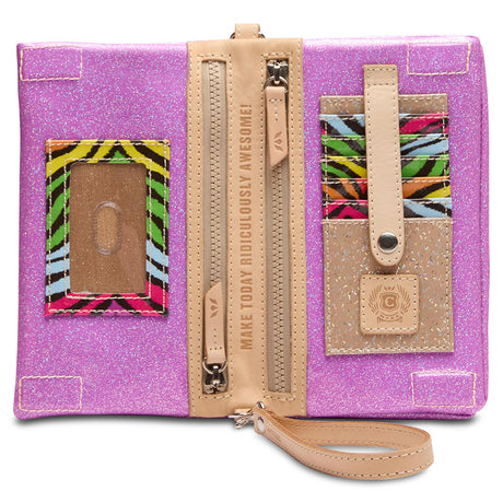 Purple glittery wallet with colorful zebra pattern and beige accents on a white background