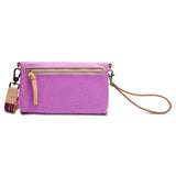 Purple wristlet with a strap on a white background