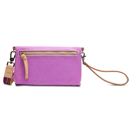 Purple wristlet with a strap on a white background