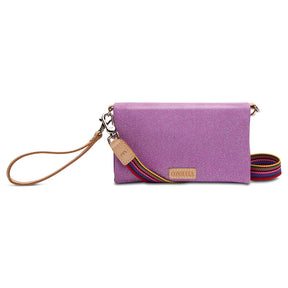 Purple clutch with a strap on a white background