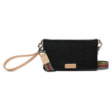 Black clutch with a strap on a white background