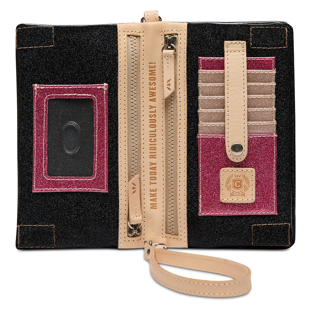 A black textured wallet or organizer with beige faux-leather trim, a wrist strap, card slots, and a magenta glitter ID window and matching card holder. The center zipper pull reads 'MAKE TODAY RIDICULOUSLY AWESOME!'.