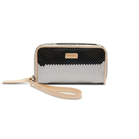 Black and white patterned wallet with beige strap on a white background