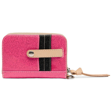 Pink wallet with black stripe and beige strap on a white background