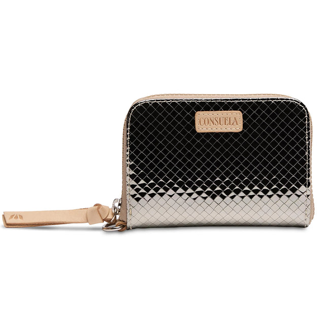 Black and beige woven patterned wallet with visible brand name on a white background