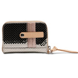 Multicolored wallet with a strap on a white background