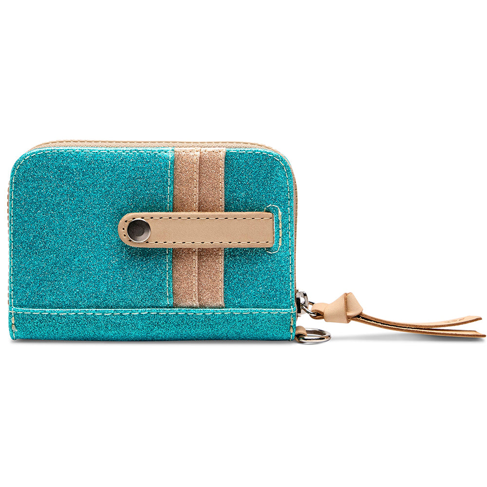 Teal wallet with beige strap and handle on a white background