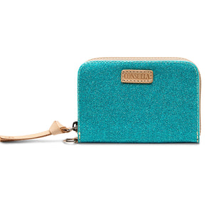 Teal glittery wallet with a strap on a white background