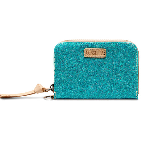 Teal glittery wallet with a strap on a white background