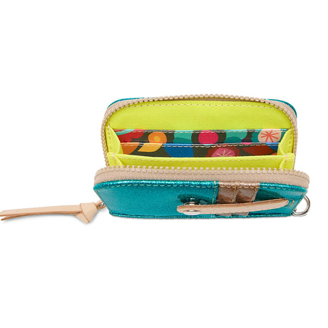 Small turquoise wallet with a colorful interior on a white background