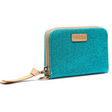 Teal wallet with gold zipper and strap on a white background