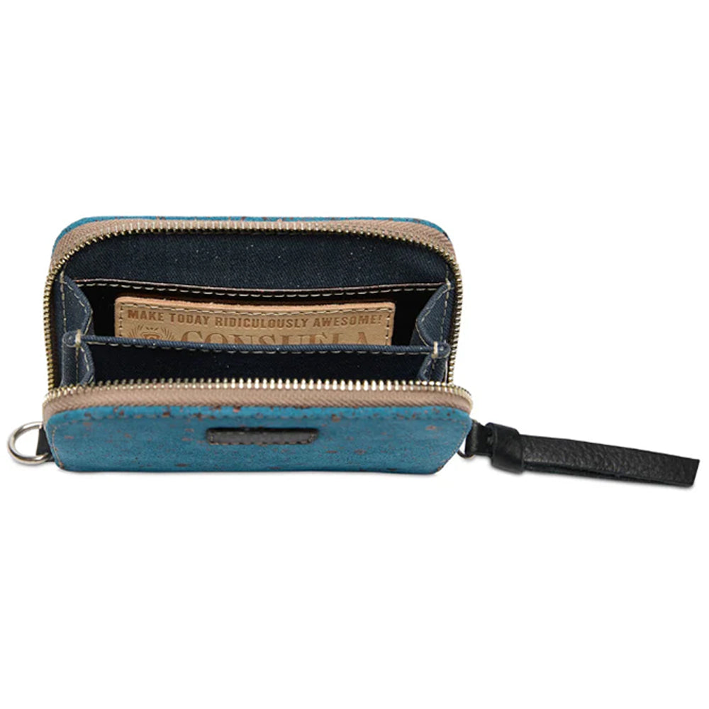 Blue wallet with a black interior on a white background