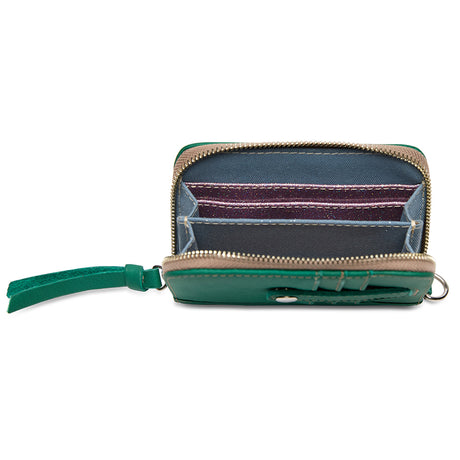 Green wallet with card compartments on a white background