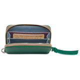 Green and blue wallet with a strap on a white background