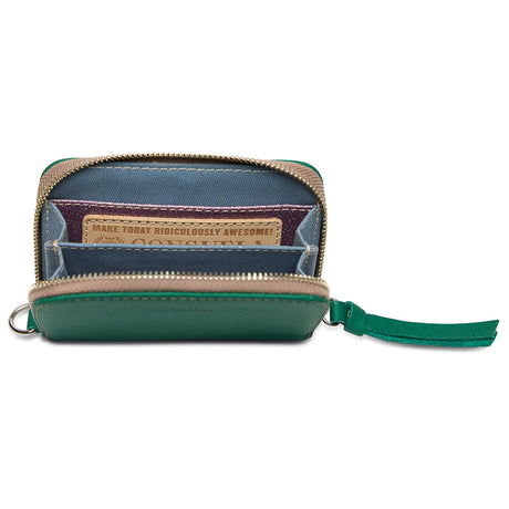 Green and blue wallet with a strap on a white background