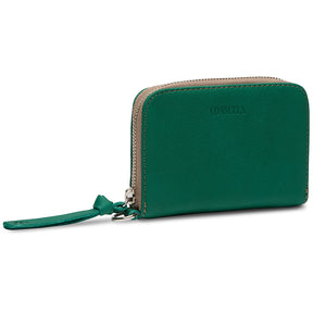 Green wallet with a strap on a white background