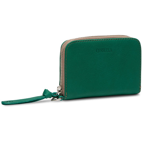 Green wallet with a strap on a white background