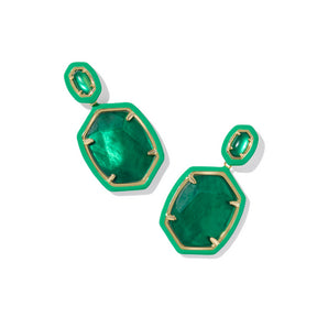 Green earrings with gold accents on a white background