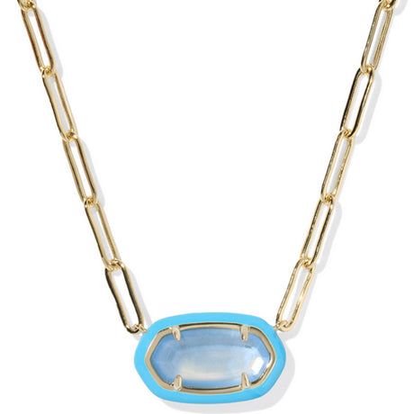 Necklace with a blue pendant on a gold chain against a white background