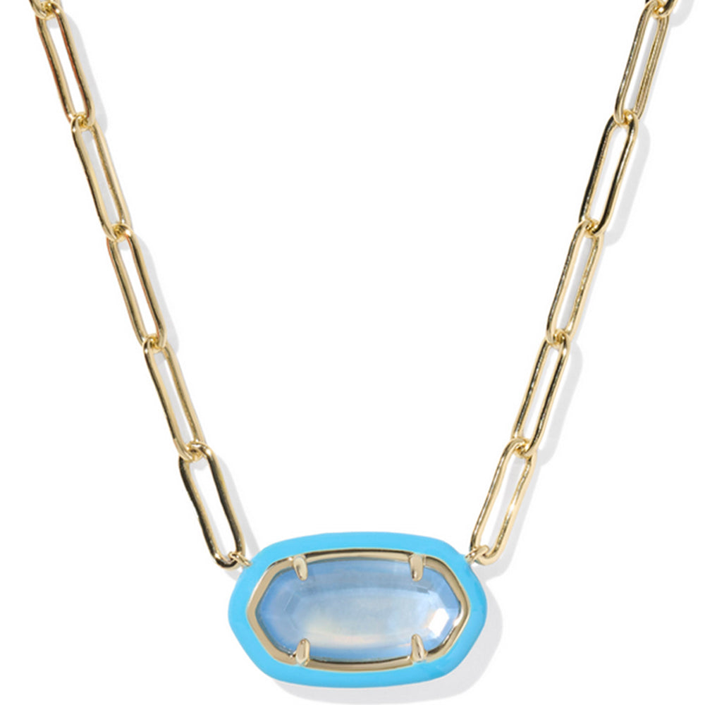 Necklace with a blue pendant on a gold chain against a white background