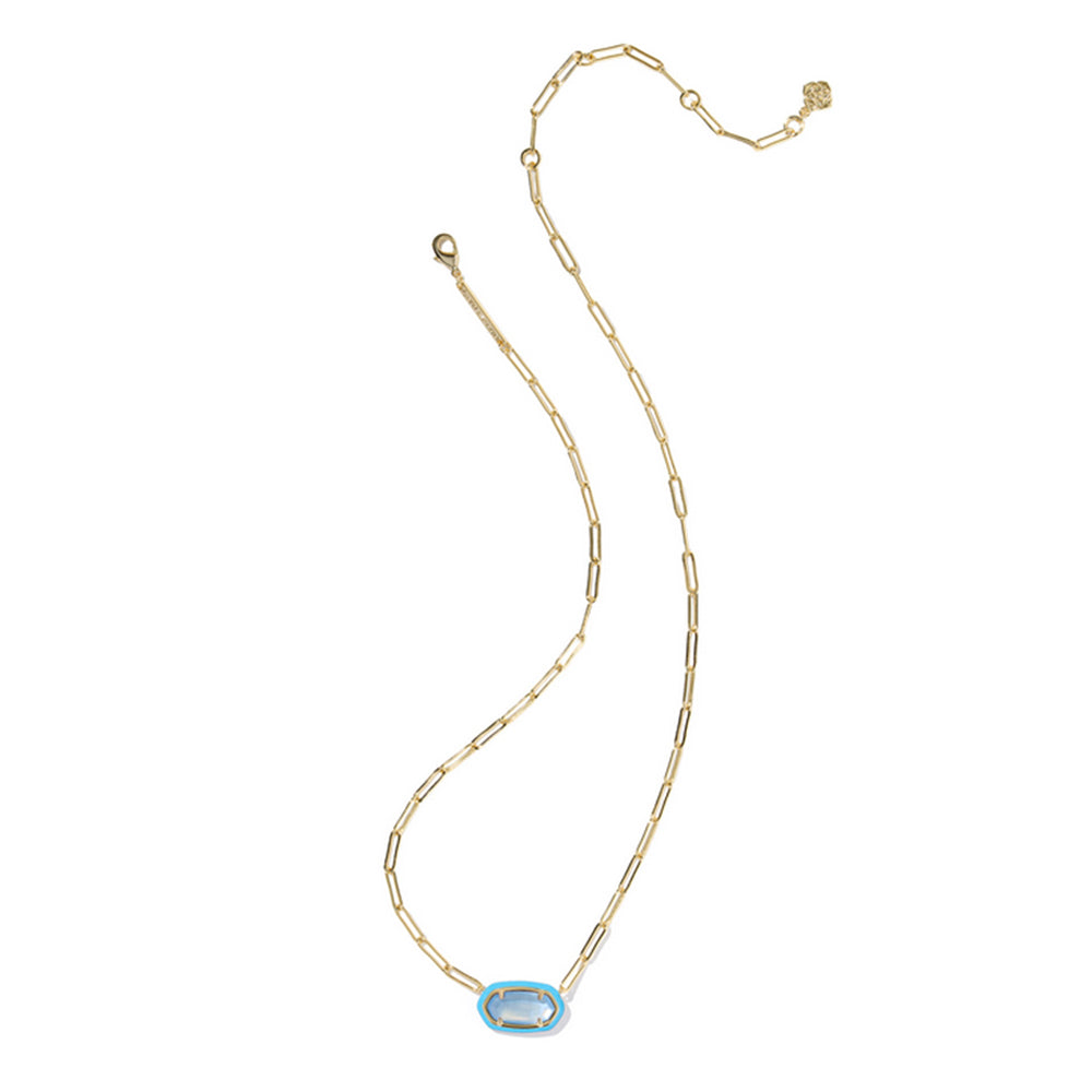 Necklace with a blue pendant on a gold chain against a white background
