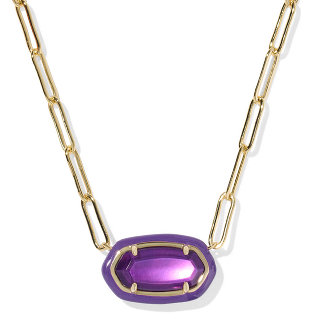 Gold chain necklace with a purple pendant on a white background