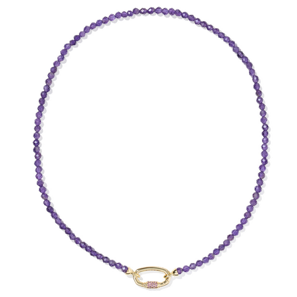 Purple beaded necklace with a gold clasp on a white background