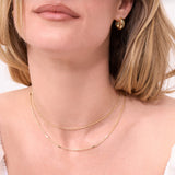 Close-up of a person wearing a gold necklace and earrings on a plain background