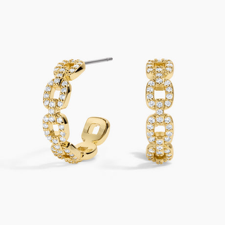 Gold chain hoop earrings with clear gemstones on a white background