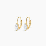 A pair of gold leverback hoop earrings with marquise-cut clear gemstones, displayed on a clean white background.
