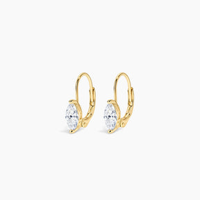 A pair of gold leverback hoop earrings with marquise-cut clear gemstones, displayed on a clean white background.