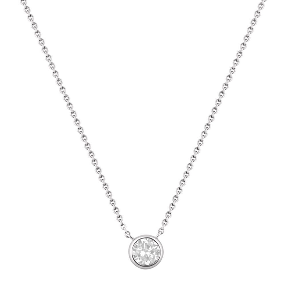 Silver necklace with a round diamond pendant on a white background