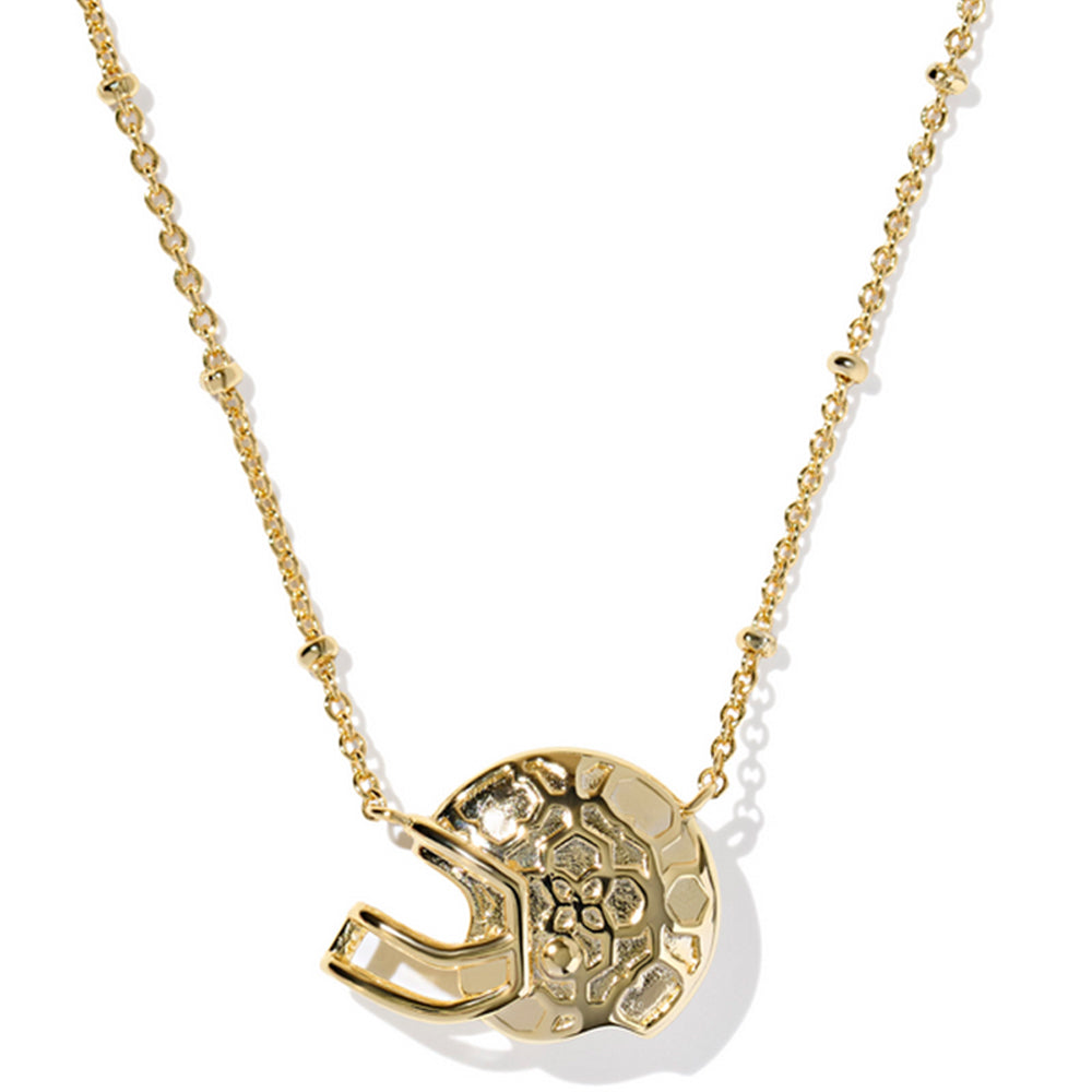 Gold necklace with a football helmet pendant on a white background