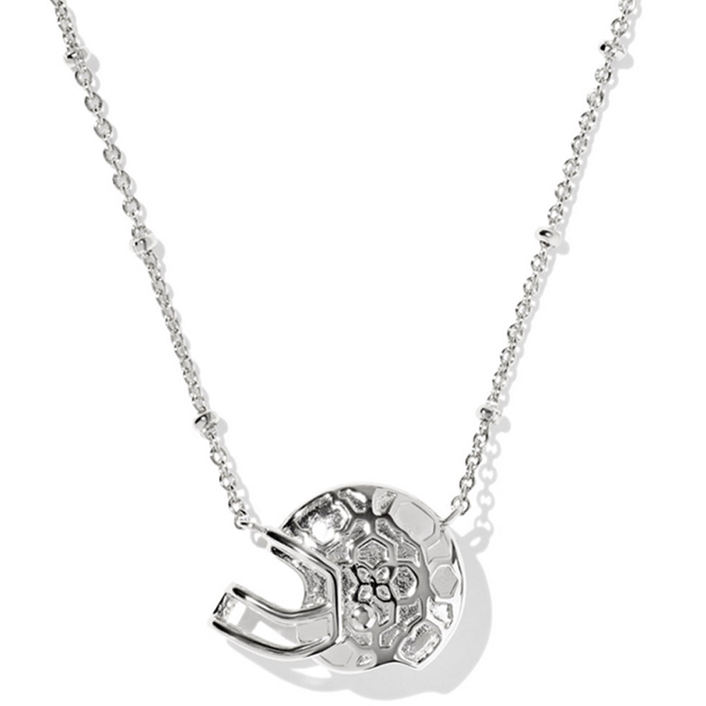 Silver necklace with a football helmet pendant on a white background