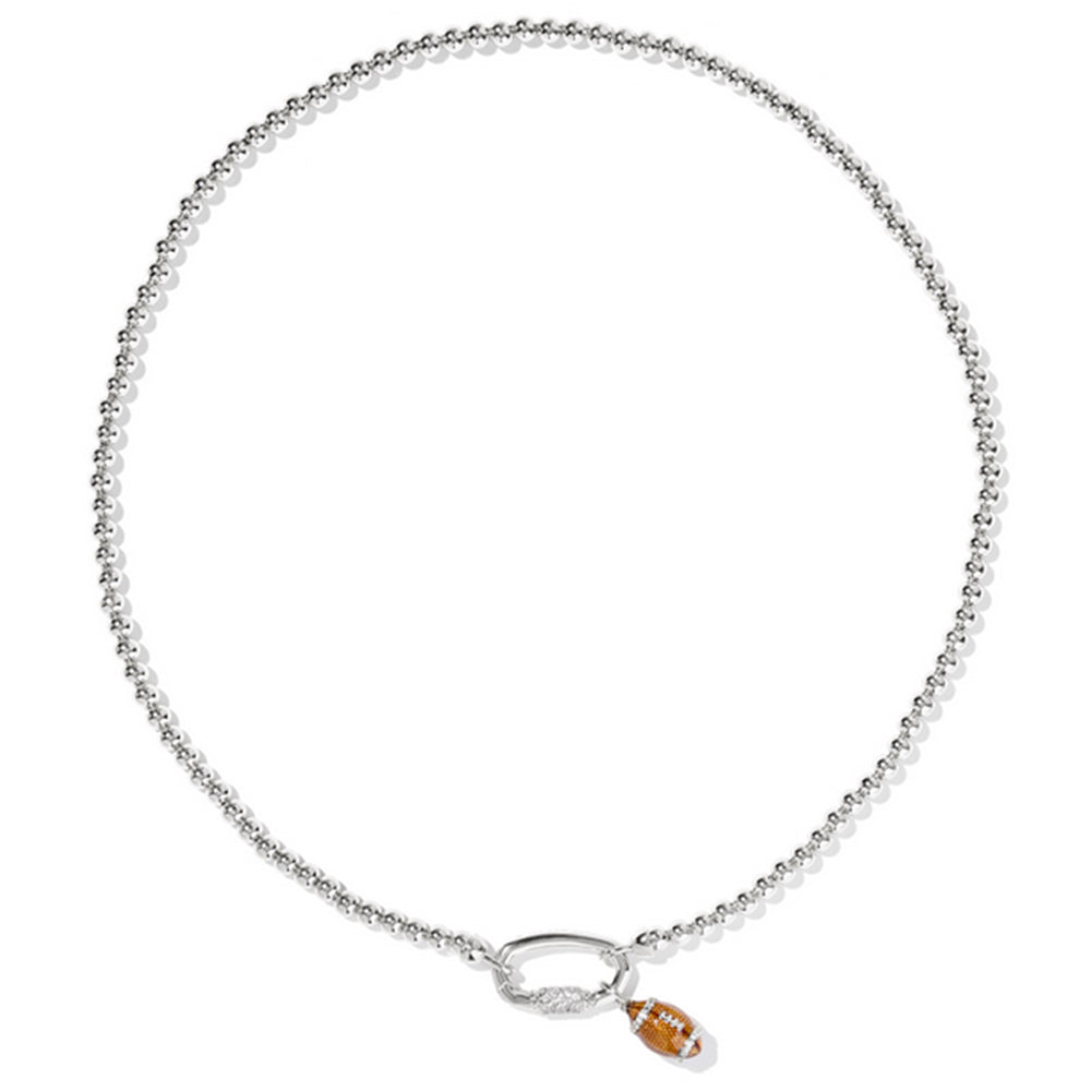 Silver necklace with a football pendant on a white background