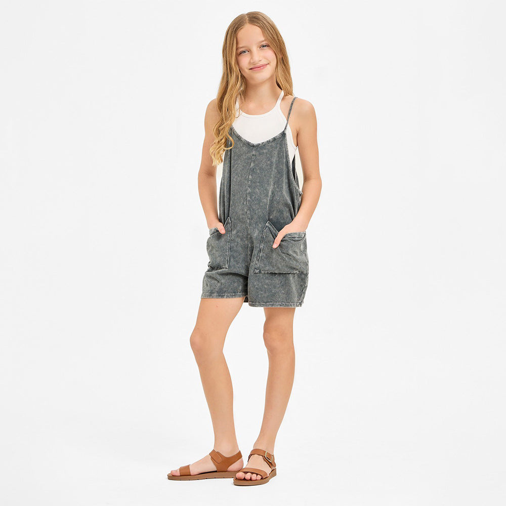 Good Girl Charcoal Mineral Wash Oversized Romper