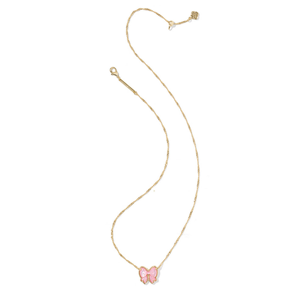 Necklace with a pink bow pendant on a white background