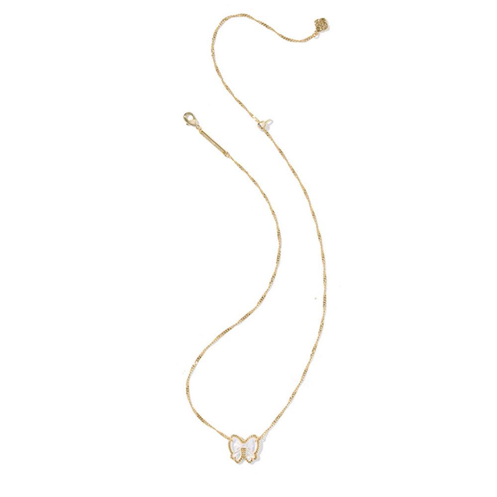 Bow-shaped pendant necklace with gold chain on a white background